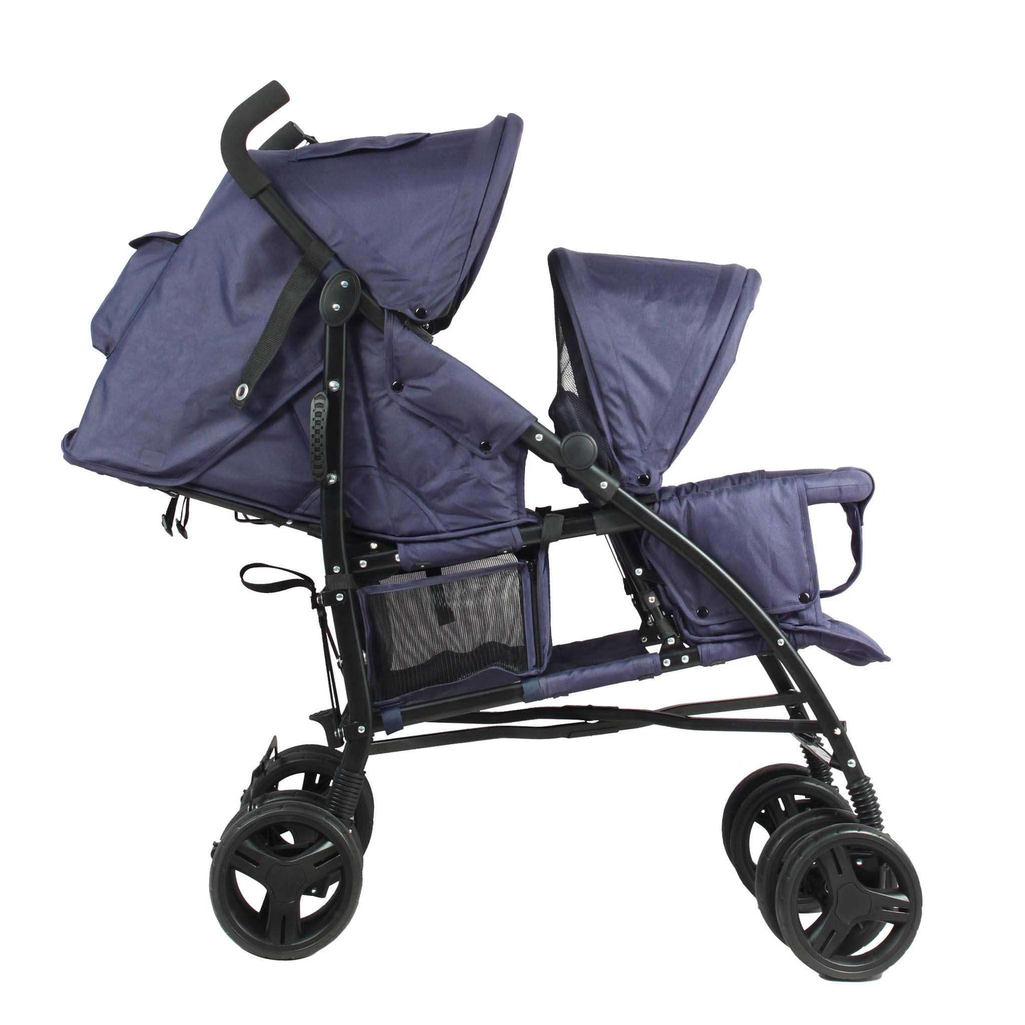 Bambisol - Double Pushchair - Folding, Compact - Rain Cover Included - Navy Blue
