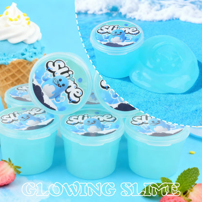 Set of 24 blue galaxy slime jars with glow-in-the-dark effect, soft stretchy putty for kids, perfect for party favors and classroom fun.
