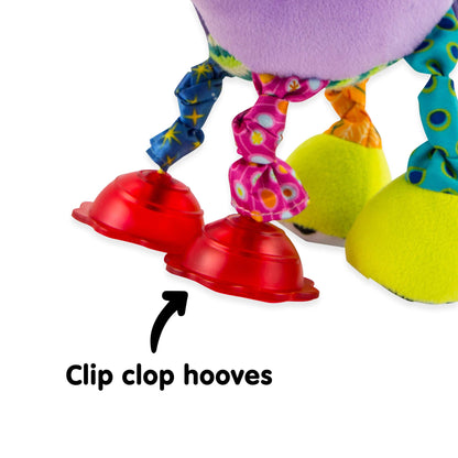 LAMAZE TOMY squeaky unicorn toy for babies, featuring soft fabric and a gentle squeak, designed to stimulate sensory development.