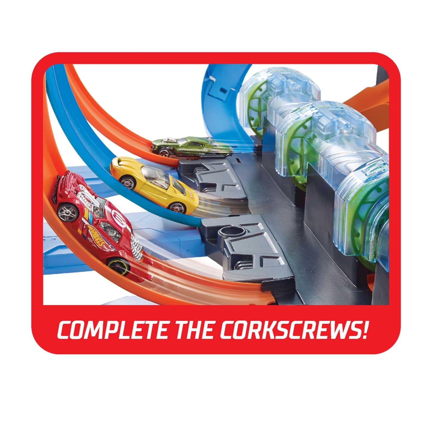 Hot Wheels Track Set and Toy Car, Large-Scale Motorized Track with 3 Corkscrew Loops, 3 Crash Zones and Toy Storage, FTB65