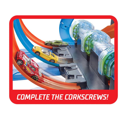 Hot Wheels Track Set and Toy Car, Large-Scale Motorized Track with 3 Corkscrew Loops, 3 Crash Zones and Toy Storage, FTB65