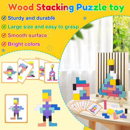 Bukbas Wooden Stacking Puzzle Toy, Wooden Blocks Tangram Jigsaw Puzzle Toys for Kids Boys Girls, Intelligence Colorful 3D Blocks with 10 Cards Building Games, Stress Relief Toys Gifts