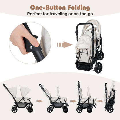 COSTWAY double seat pushchair in beige, foldable twin stroller with adjustable backrest, sunshade, safety belts, and storage basket.
