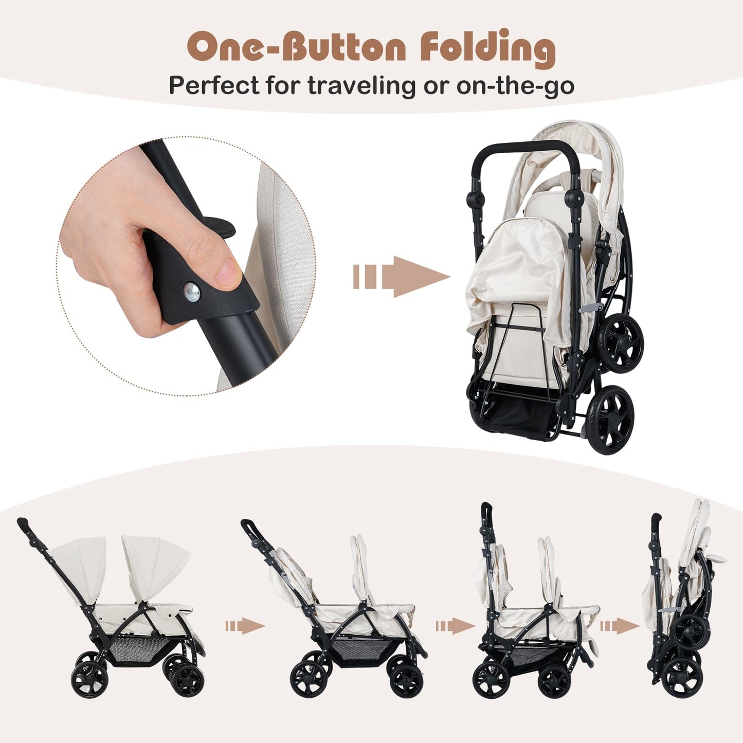 Foldable Twin Stroller, Double Baby Pushchair w/Multi-Level Backrest, Canopy, Handle & Footrest, Safety Belt & Brake System, Travel Tandem Seating Stroller w/Lockable Wheels (Beige)
