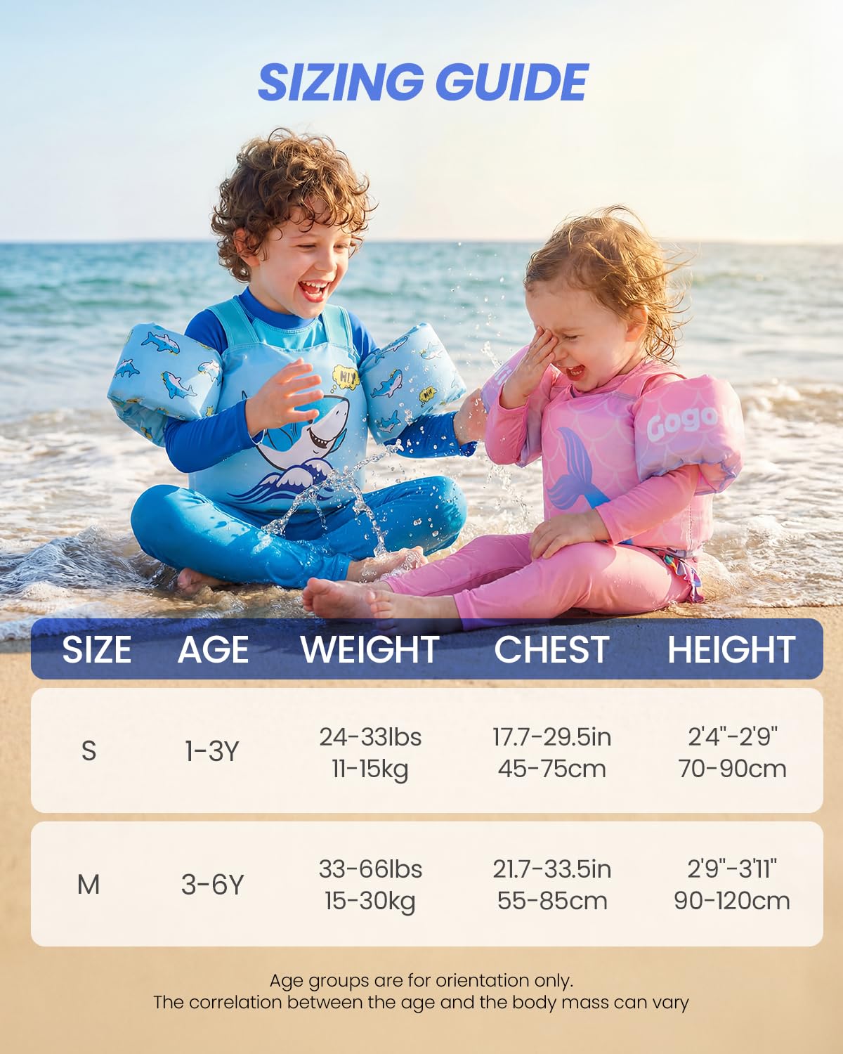 Gogokids toddler swimming float vest with arm bands and shoulder harness for kids aged 1-6 years in a pool setting.