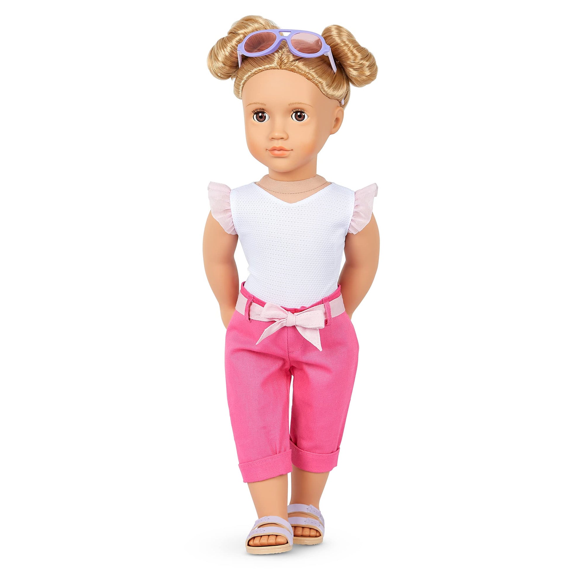 18-inch Our Generation doll Thea with blond hair and hazel eyes, dressed in three outfits with styling accessories.