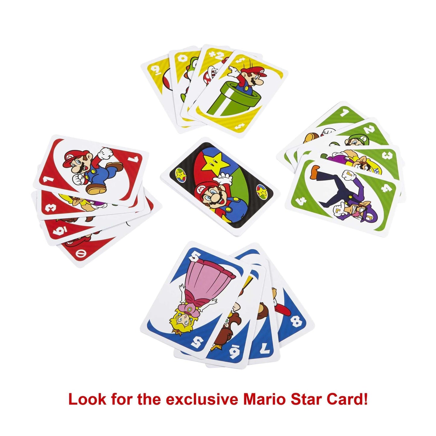 Fisher-Price UNO Super Mario card game deck featuring animated character images, 112 colorful cards for kids ages 7 and up.