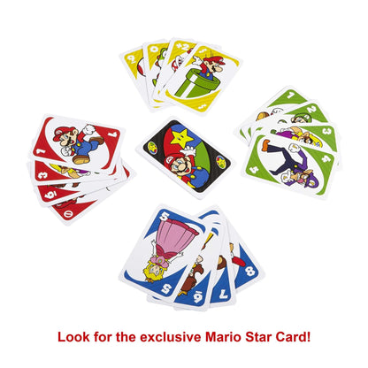 Fisher-Price UNO Super Mario card game deck featuring animated character images, 112 colorful cards for kids ages 7 and up.