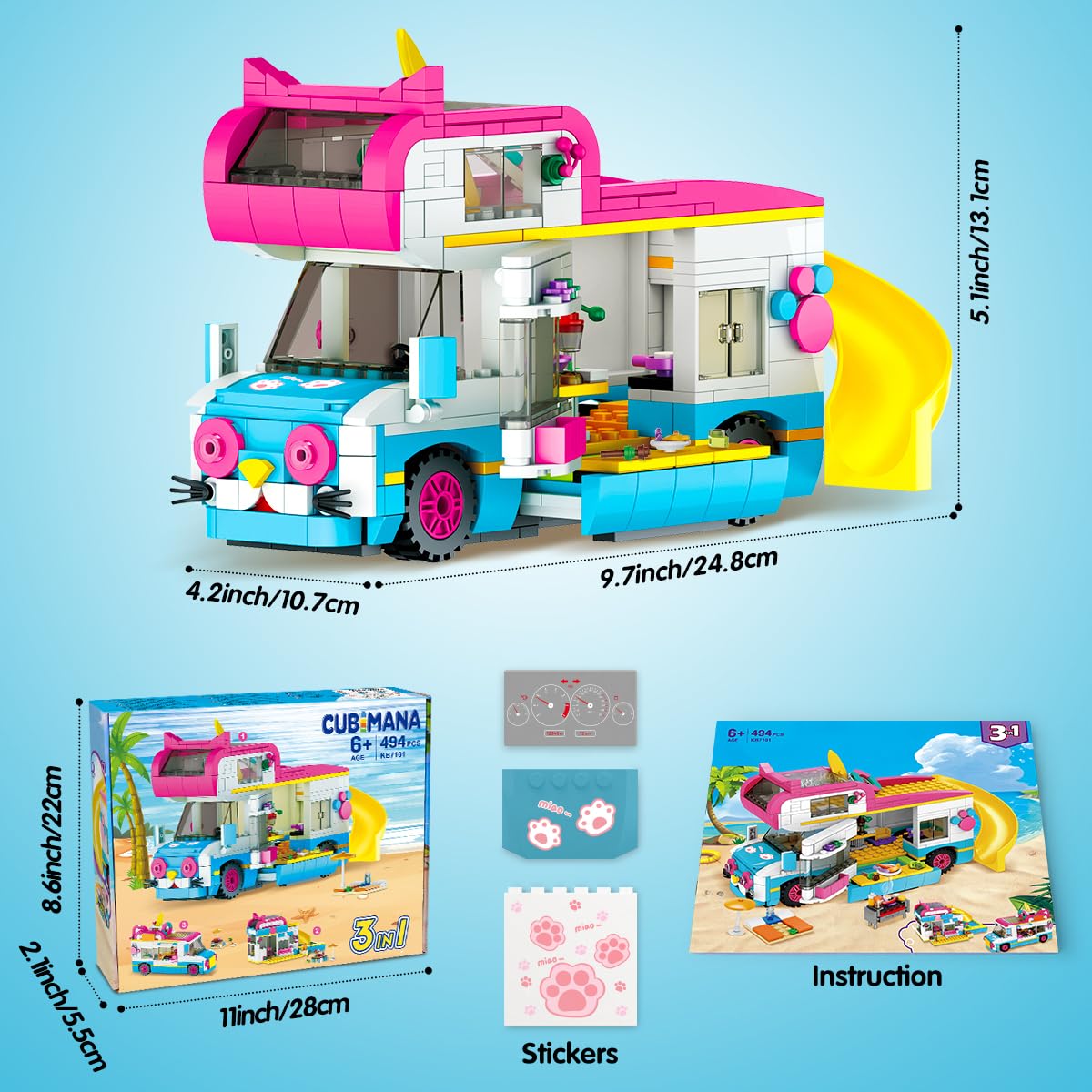 CUBIMANA 3-in-1 cat-themed building set featuring camper van, ice cream truck, city bus, with slide and stickers for kids.