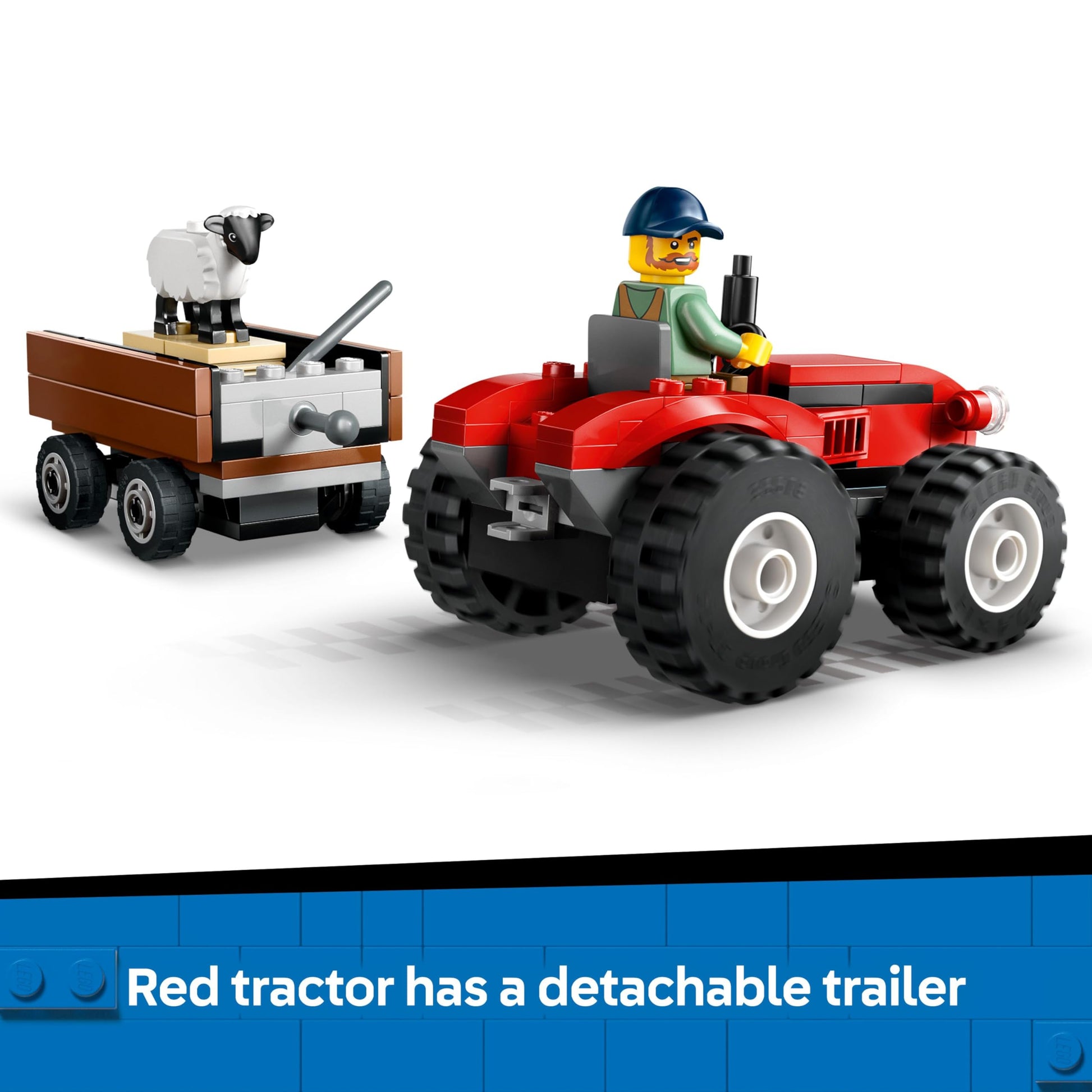 LEGO City red farm tractor with trailer, sheep figures, and playset for kids aged 4 and up, showcasing early learning fun.