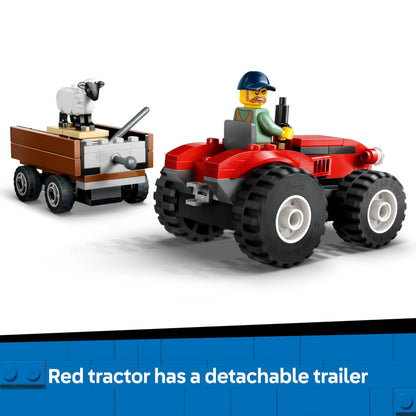 LEGO City red farm tractor with trailer, sheep figures, and playset for kids aged 4 and up, showcasing early learning fun.