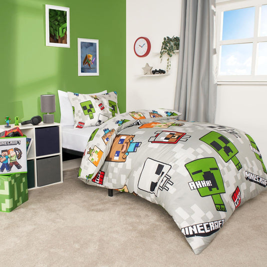 Minecraft Bedding Single, Bedroom Accessories for Boys Duvet Sets for Single Bed Duvet Reversible Characters A Minecraft Movie Gifts, Grey