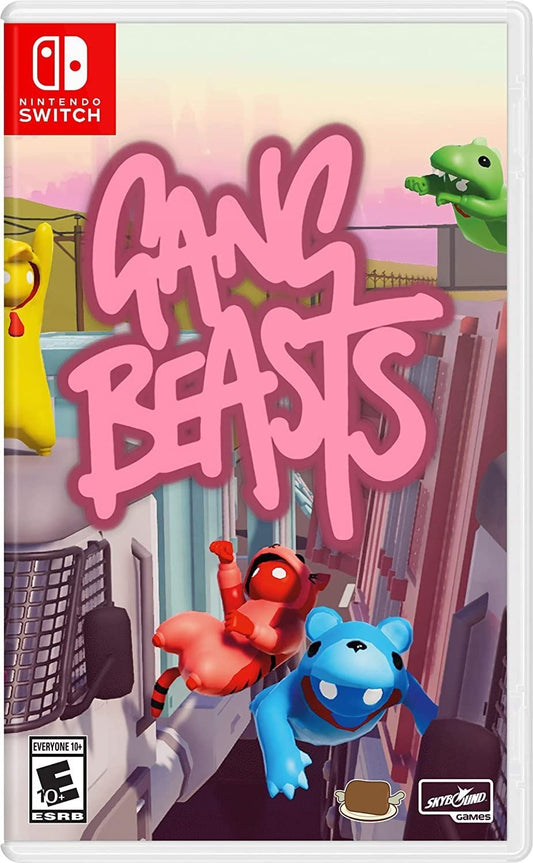 Nintendo Switch game cover for Gang Beasts by Skybound Games, featuring colorful cartoon characters in a playful fight scene.