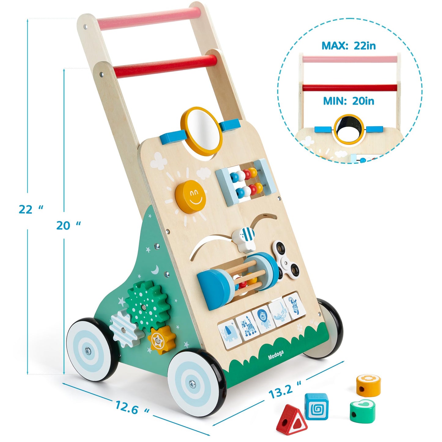 Medoga wooden baby walker with 10-in-1 activity center, adjustable toddler walker toy for boys and girls, sturdy wood design.
