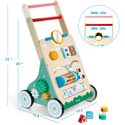 Medoga wooden baby walker with 10-in-1 activity center, adjustable toddler walker toy for boys and girls, sturdy wood design.