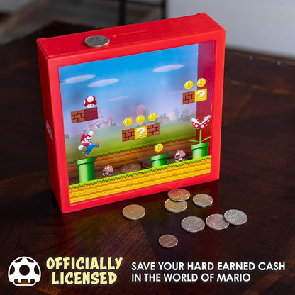 Super Mario money box by Paladone, an officially licensed Nintendo piggy bank featuring Super Mario design, 18cm tall.