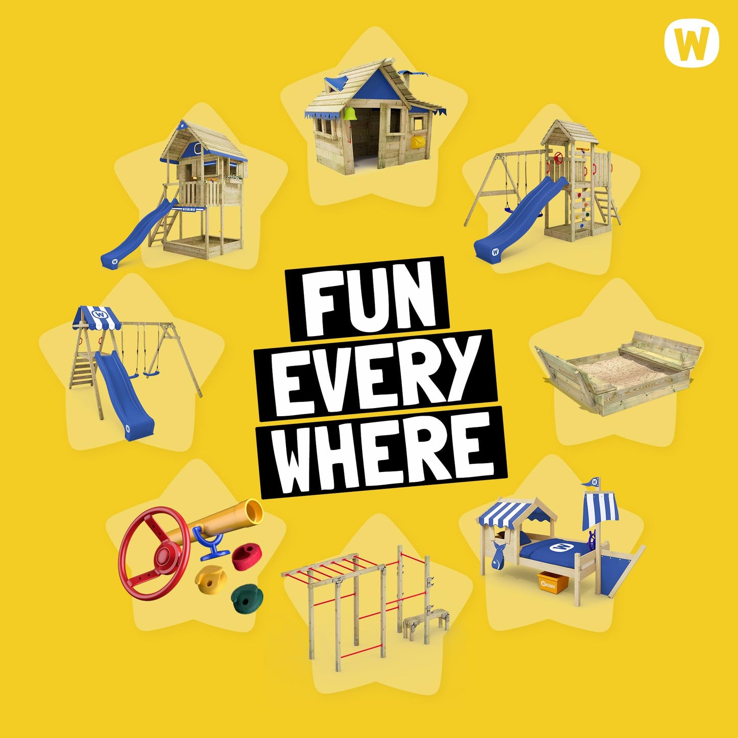 WICKEY Wooden climbing frame Smart Queen with swing set, green-yellow tarp & green slide, Outdoor kids playhouse with sandpit, climbing ladder & play-accessories for the garden
