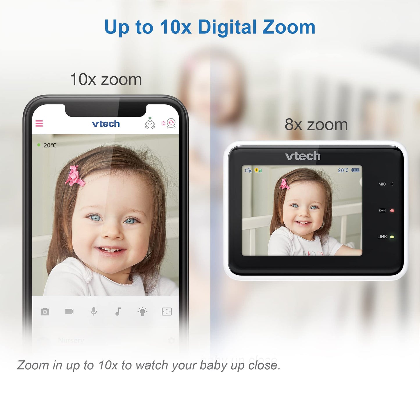 VTech RM2751 2.8-inch Wi-Fi HD baby monitor with remote access and 1080p video quality showing the monitor screen.