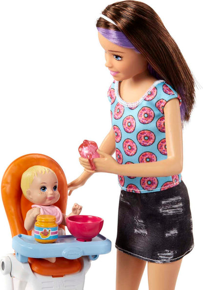 Barbie FHY98 babysitter brunette doll with baby and highchair playset, featuring colorful accessories for imaginative play.