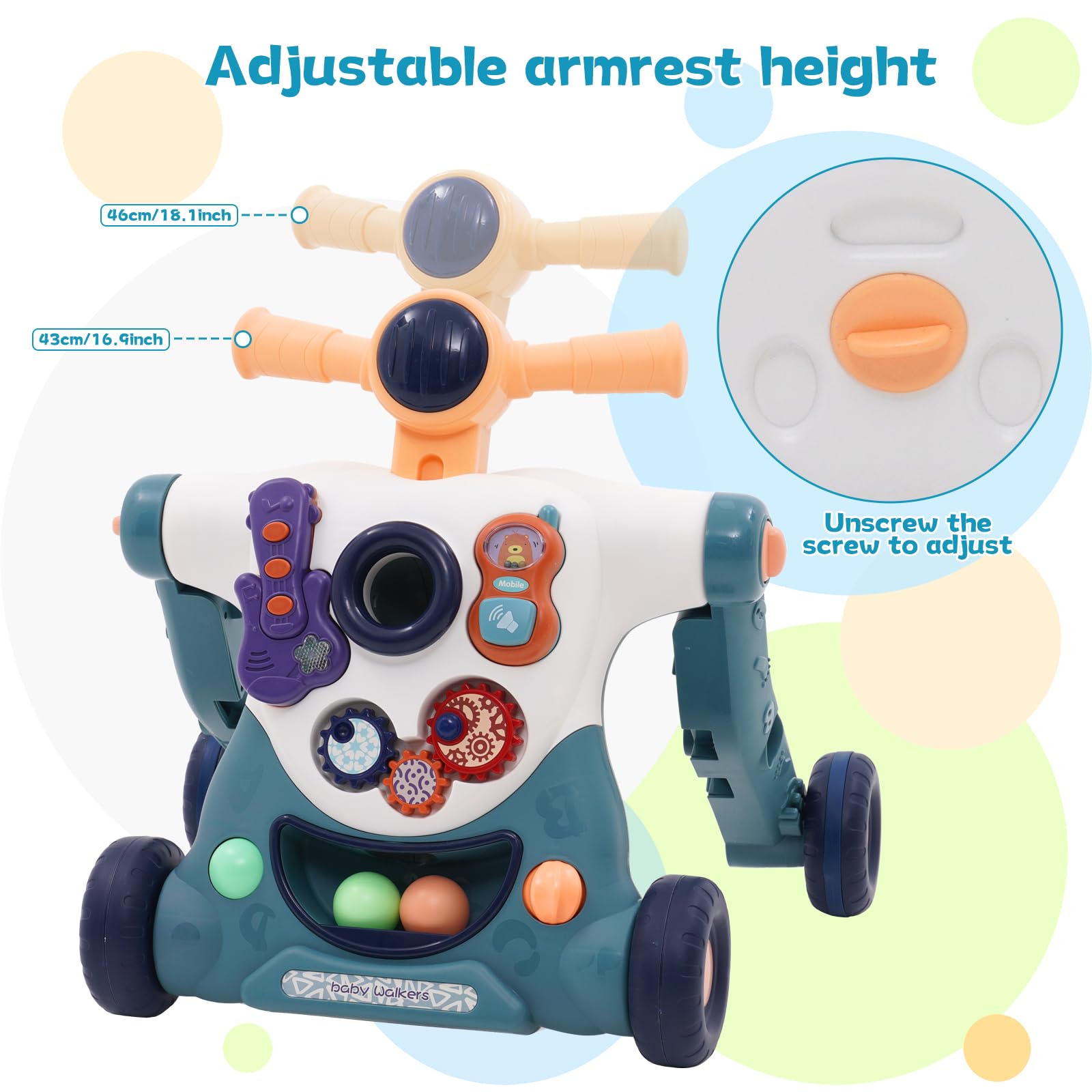 Blue Forroby 3-in-1 baby walker with music, activity panel, and adjustable speed for toddlers, featuring a sit-to-stand design.