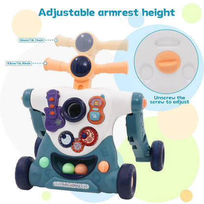 Blue Forroby 3-in-1 baby walker with music, activity panel, and adjustable speed for toddlers, featuring a sit-to-stand design.