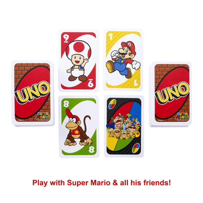 Fisher-Price UNO Super Mario card game deck featuring animated character images, 112 collectible cards for kids ages 7 and up.