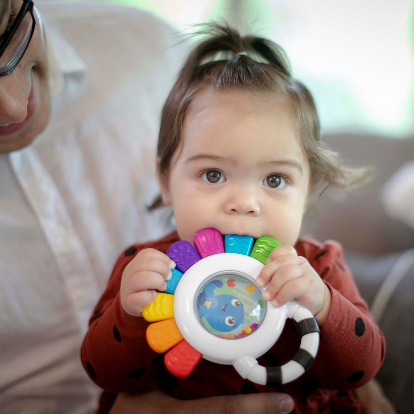 Baby Einstein Outstanding Opus The Octopus sensory rattle and teether toy for infants, BPA-free, chillable, suitable for 3 months and up.
