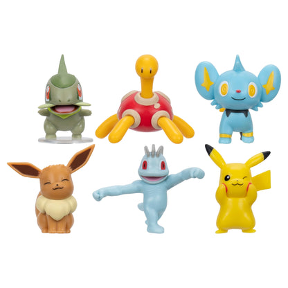 Pokémon Battle Figure 6 Pack featuring 2-inch figures of Pikachu, Shuckle, Axew, Shinx, Eevee, and Machop.