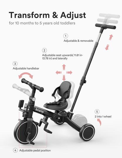 besrey toddler bike with push handle, foldable tricycle for kids 1-3 years, adjustable seat, removable pedals in black.