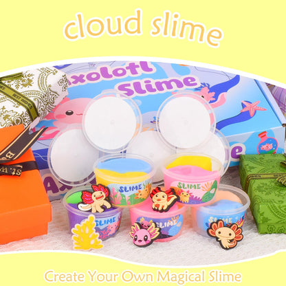 15-pack Axolotl slime kit with cloud, butter, and clear slime, featuring Axolotl charms, soft, stretchy, ideal for kids' party favors.
