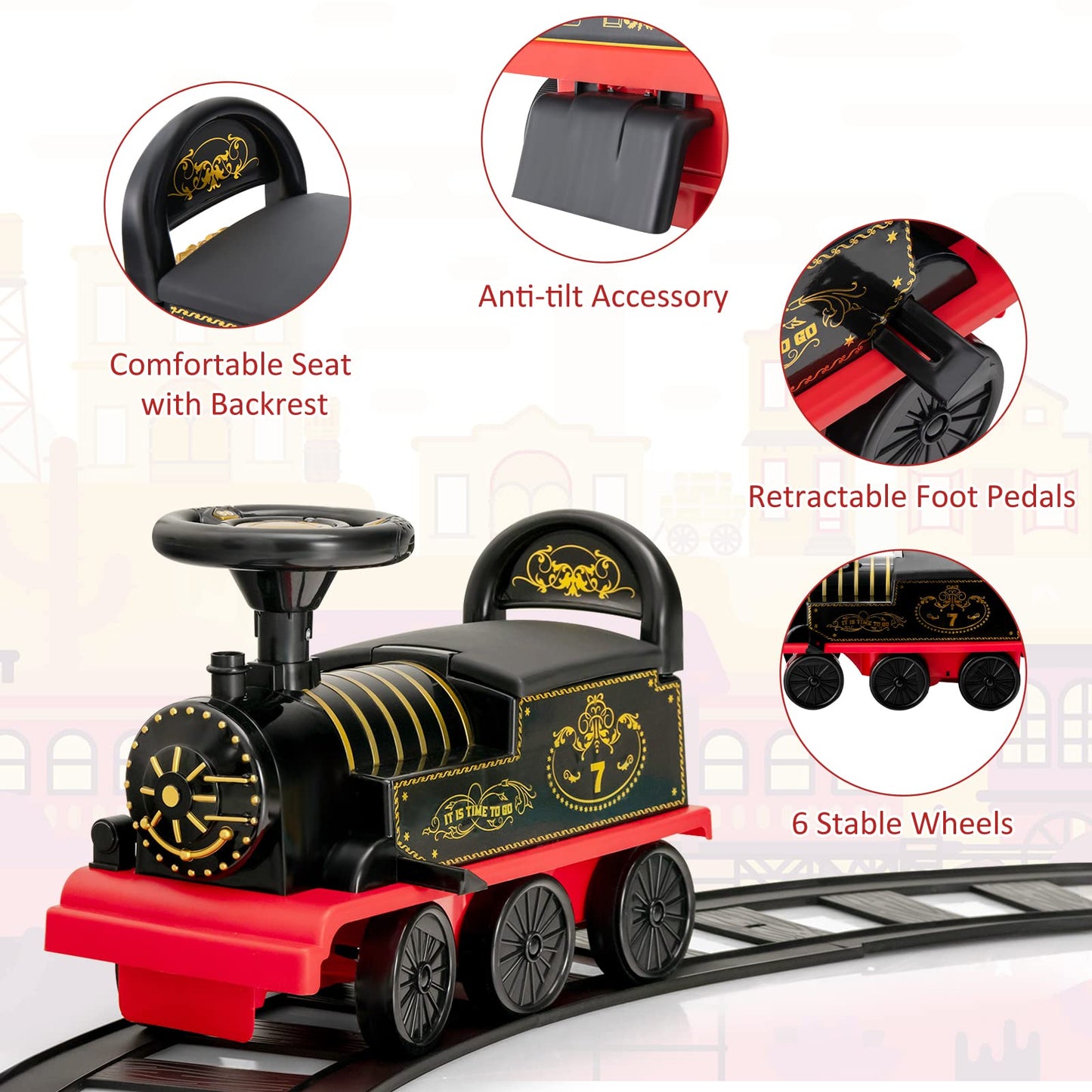 Costway kids electric ride-on train with black tracks, flashing lights, music, storage seat, and 6V battery for toddlers.