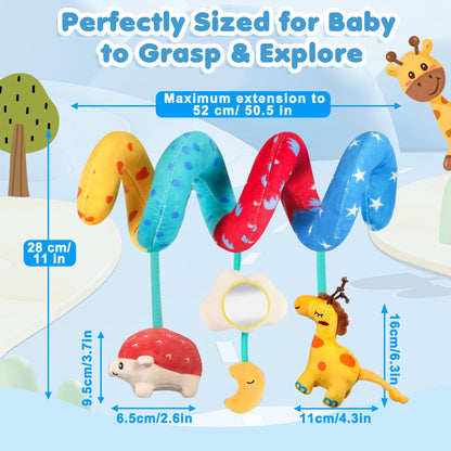 URMYWO spiral pram toy in black and white, featuring giraffe and hedgehog rattles for newborns, sensory stimulation for 0-12 months