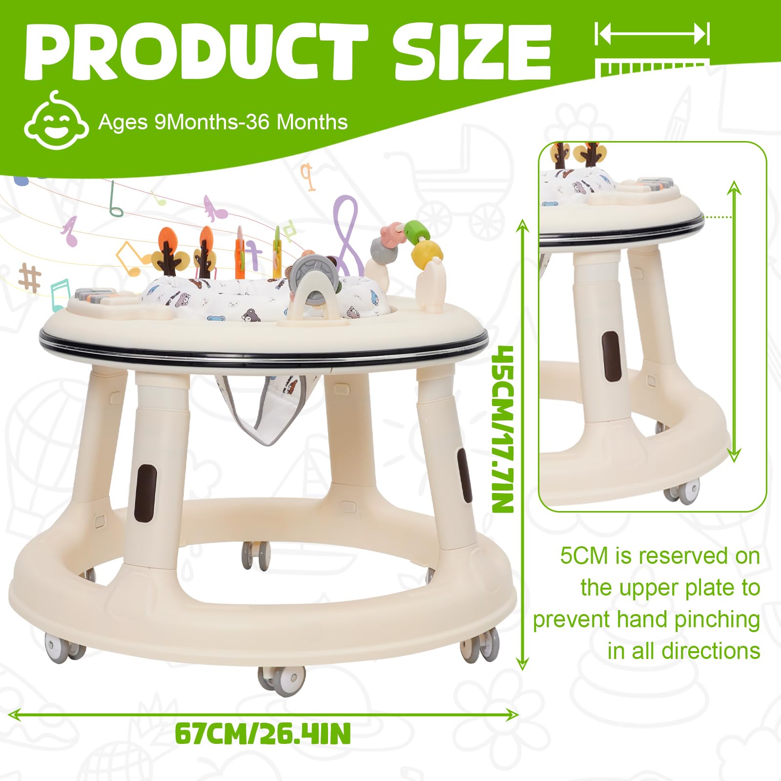 White baby walker with adjustable height, music and light features, 360° quiet wheels, swivel seat, foot pad, and play center for toddlers.