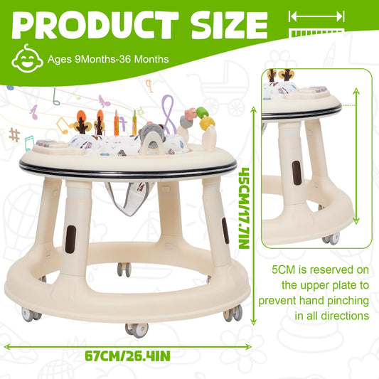 White baby walker with adjustable height, music and light features, 360° quiet wheels, swivel seat, foot pad, and play center for toddlers.
