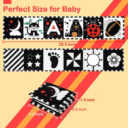 Soft URMYWO baby book and sensory toys in black and white for brain development and tummy time for newborns.