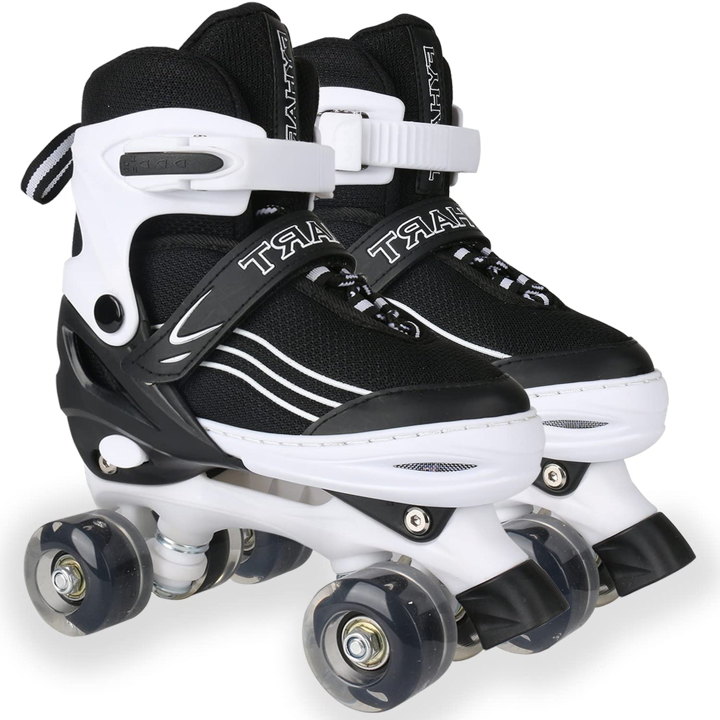 Kids MGYZM adjustable roller skates with light-up wheels for girls and boys, suitable for indoor and outdoor fun in white and black.