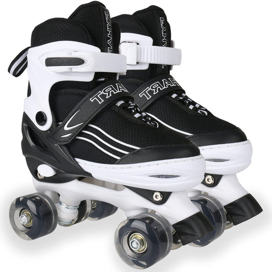 Kids MGYZM adjustable roller skates with light-up wheels for girls and boys, suitable for indoor and outdoor fun in white and black.