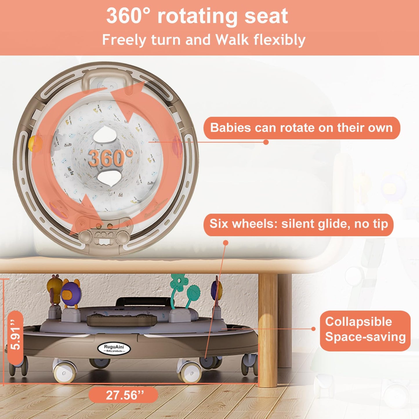 RuguAini 360° rotating baby walker in khaki with foldable design, height adjustment, silent wheels, suitable for 6-24 months.