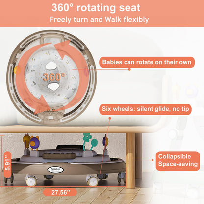 RuguAini 360° rotating baby walker in khaki with foldable design, height adjustment, silent wheels, suitable for 6-24 months.
