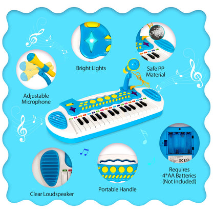 Blue COSTWAY 31-key kids electronic keyboard with stool, microphone, flashing lights, and recording function for children.