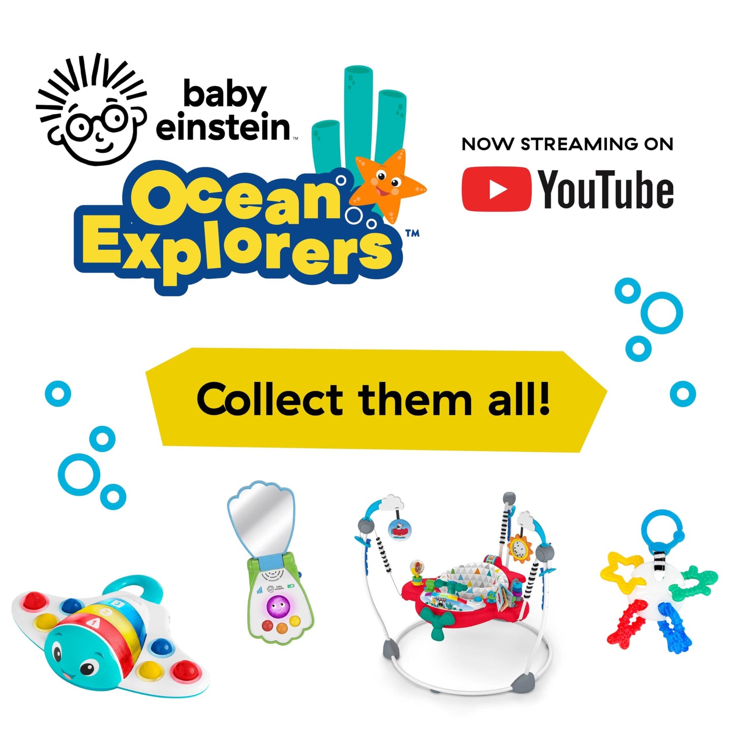 Baby Einstein Ocean Explorers Stingray Popper toy for babies aged 6 months and up, featuring colorful ocean animal design.