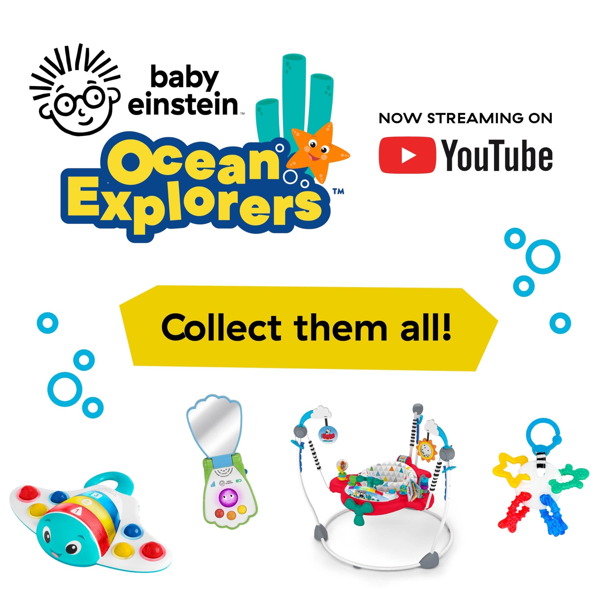 Baby Einstein Ocean Explorers Stingray Popper toy for babies aged 6 months and up, featuring colorful ocean animal design.