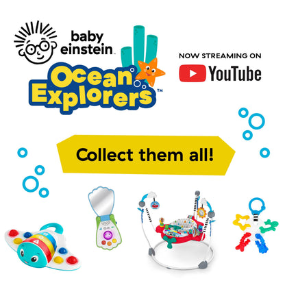 Baby Einstein Ocean Explorers Stingray Popper toy for babies aged 6 months and up, featuring colorful ocean animal design.