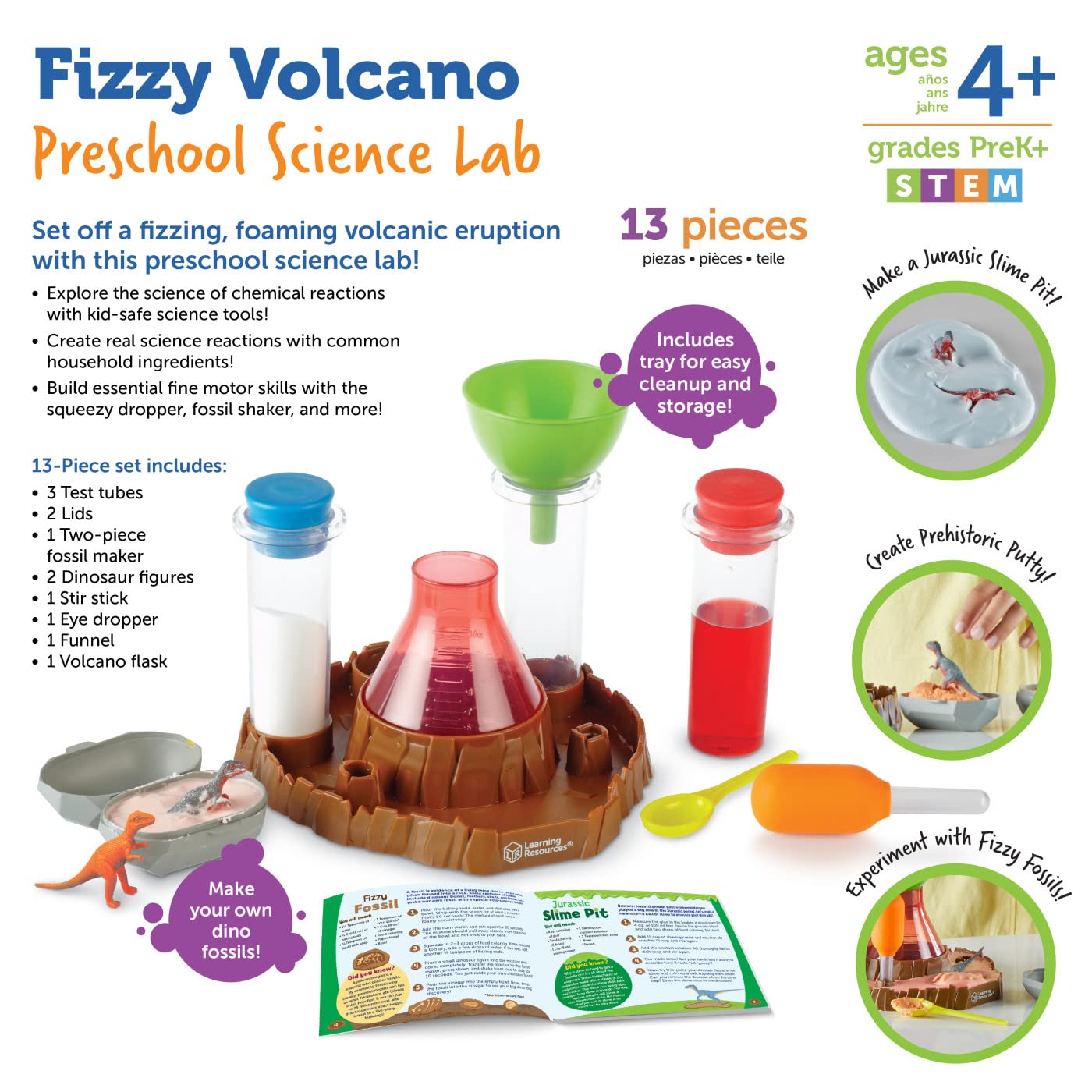 Learning Resources Fizzy Volcano Preschool Science Lab Set with foam reactions, STEM chemistry experiments for kids, 13-piece kit.