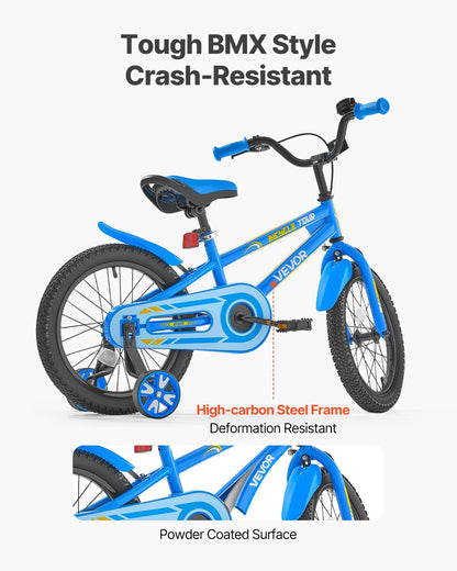 VEVOR Kids Bike, 40.64 cm BMX Style Children Bicycle, Rider Height 100 cm - 130 cm, Training Wheels Included, Sturdy and Easy to Assemble, Toddler Bike for Boys & Girls Learning to Ride, Blue