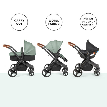 Ickle Bubba Stomp Urban 3-in-1 Travel System & Astral Car Seat – Birth to 22kgs (Approx. 4 Years), Lightweight City Pram, Carrycot & Seat Unit, Compact Fold, UPF 50+ Hood & Accessories (Sage Green)