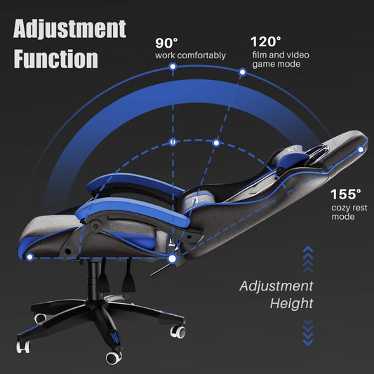 bigzzia Ergonomic Gaming Chair - Gamer Chairs with Lumbar Cushion + Headrest, Height-Adjustable Office & Computer Chair for Adults (without footrest, Blue)