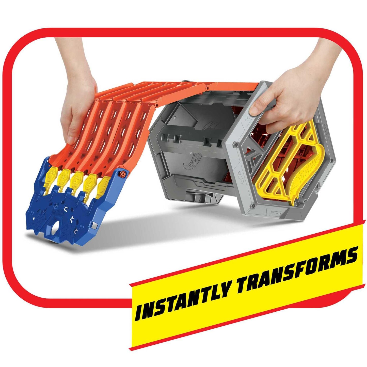 Hot Wheels Track Builder Action set featuring a 5 lane racetrack and toy storage bucket with one toy car included.