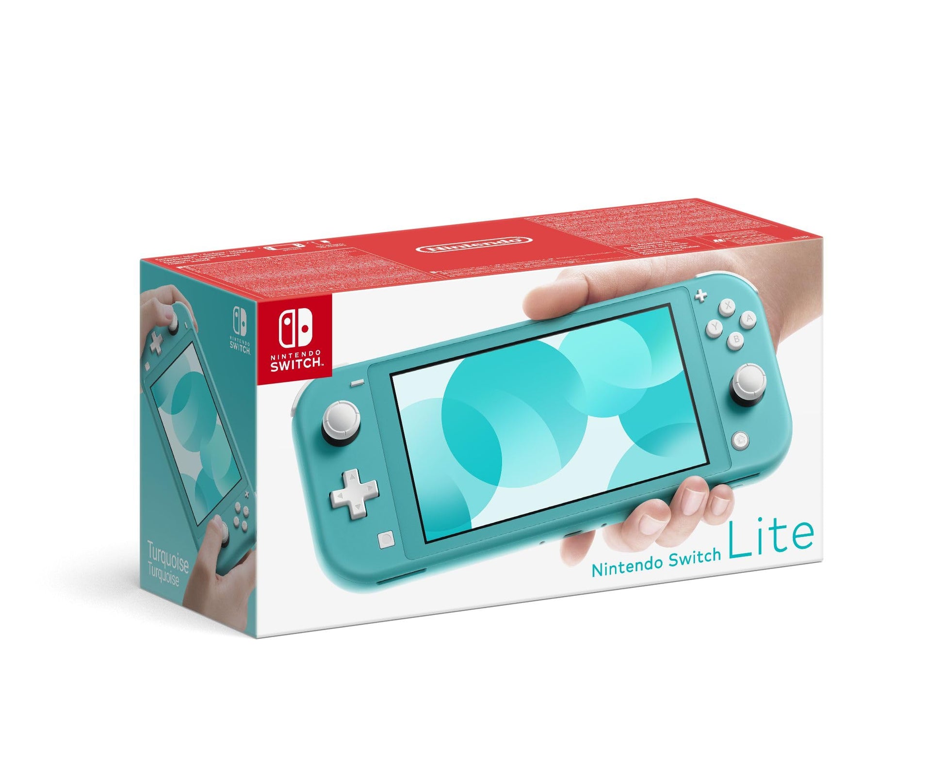 Nintendo Switch Lite in turquoise, handheld gaming console with a sleek turquoise design and control buttons visible.
