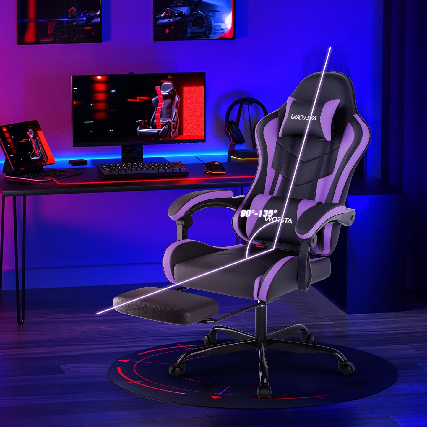 WOTSTA ergonomic gaming chair with footrest, lumbar support, headrest, adjustable height, 360° swivel, black and purple color.